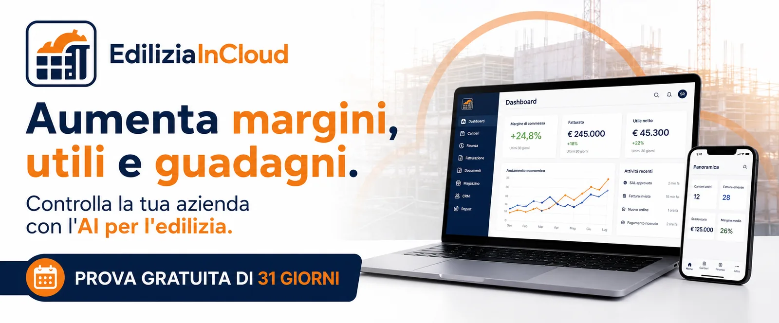 EdiliziaInCloud — il gestionale con AI per l’edilizia: controlla cantieri, margini e fatturazione. Prova gratuita di 31 giorni.