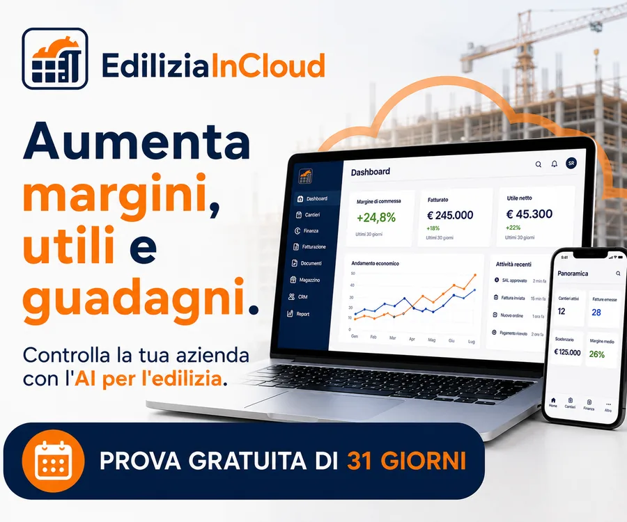 EdiliziaInCloud — il gestionale con AI per l’edilizia: controlla cantieri, margini e fatturazione. Prova gratuita di 31 giorni.